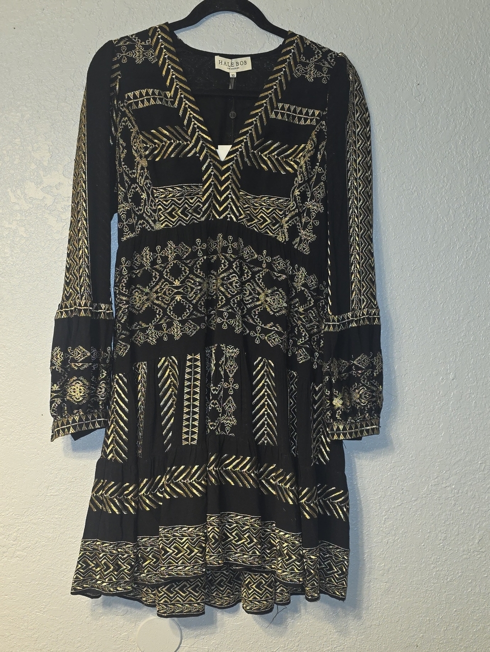 Hale Bob Black Dress with Gold Embroidery